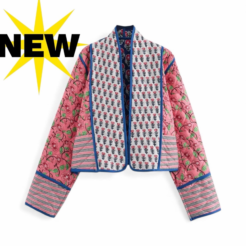 NEW Quilted jacket 💙🩷 reversible open front floral blue pink Notting Hill